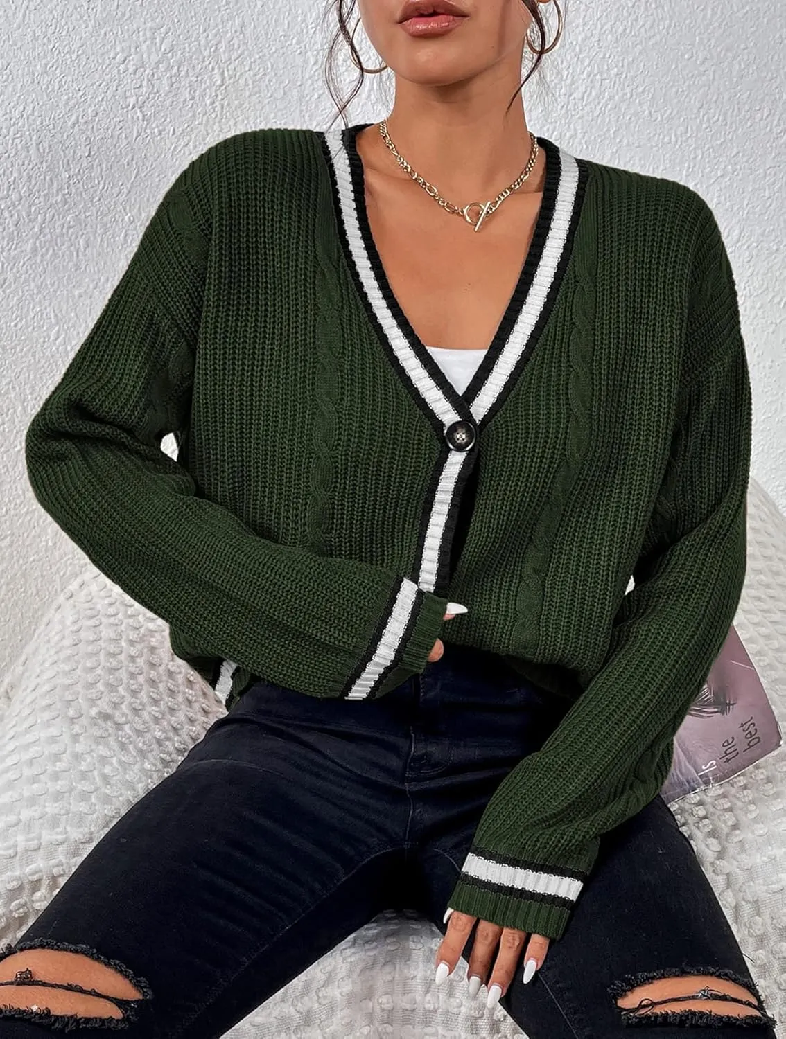 Womens Open Front Cardigan Button Down Striped Sweater Casual Loose Fitting V Neck Knit Coat