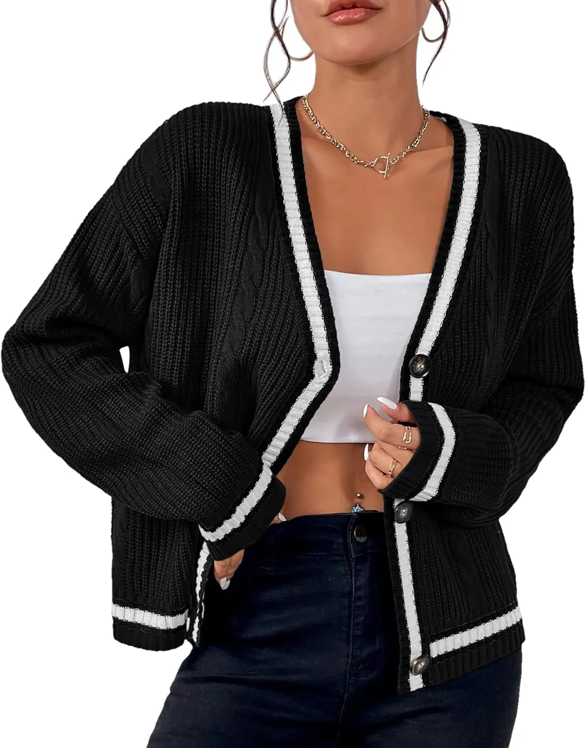 Womens Open Front Cardigan Button Down Striped Sweater Casual Loose Fitting V Neck Knit Coat