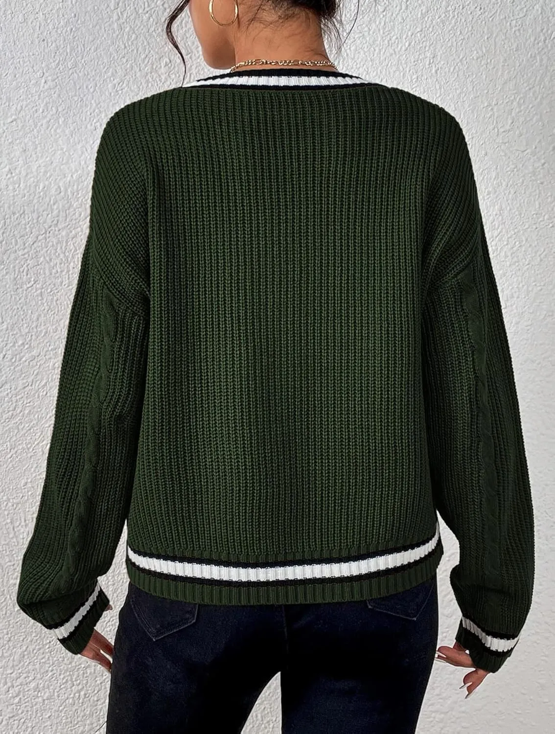 Womens Open Front Cardigan Button Down Striped Sweater Casual Loose Fitting V Neck Knit Coat