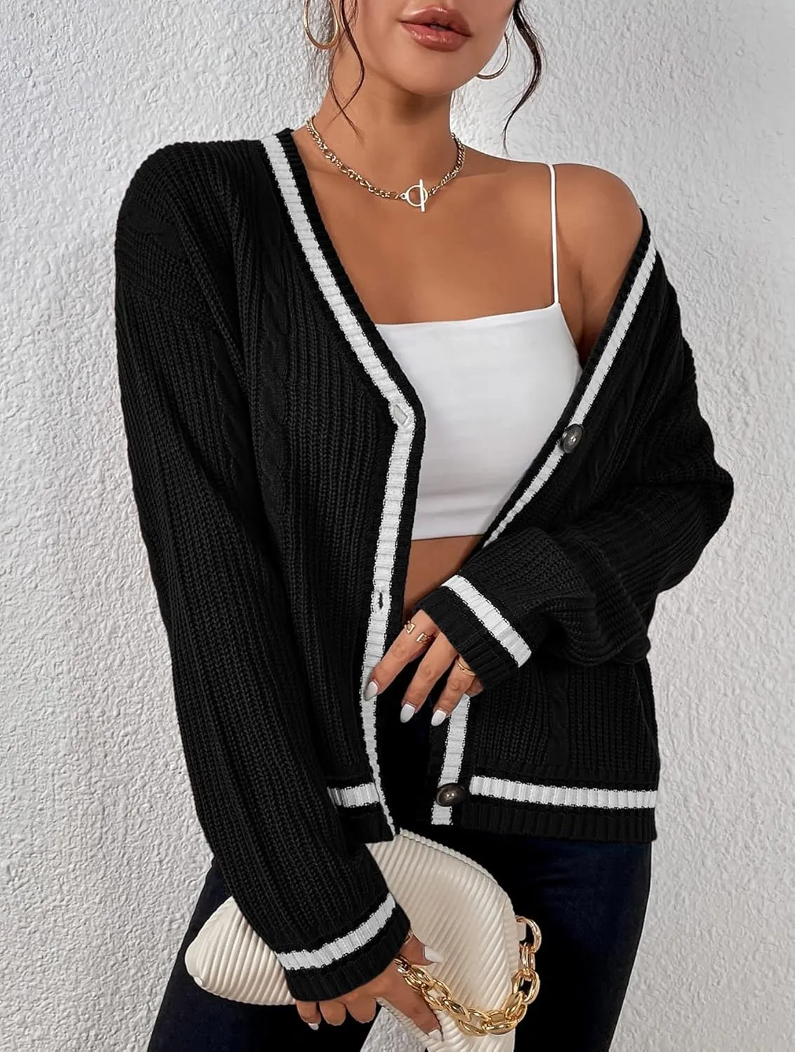 Womens Open Front Cardigan Button Down Striped Sweater Casual Loose Fitting V Neck Knit Coat