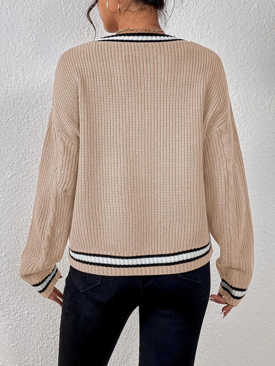 Womens Open Front Cardigan Button Down Striped Sweater Casual Loose Fitting V Neck Knit Coat