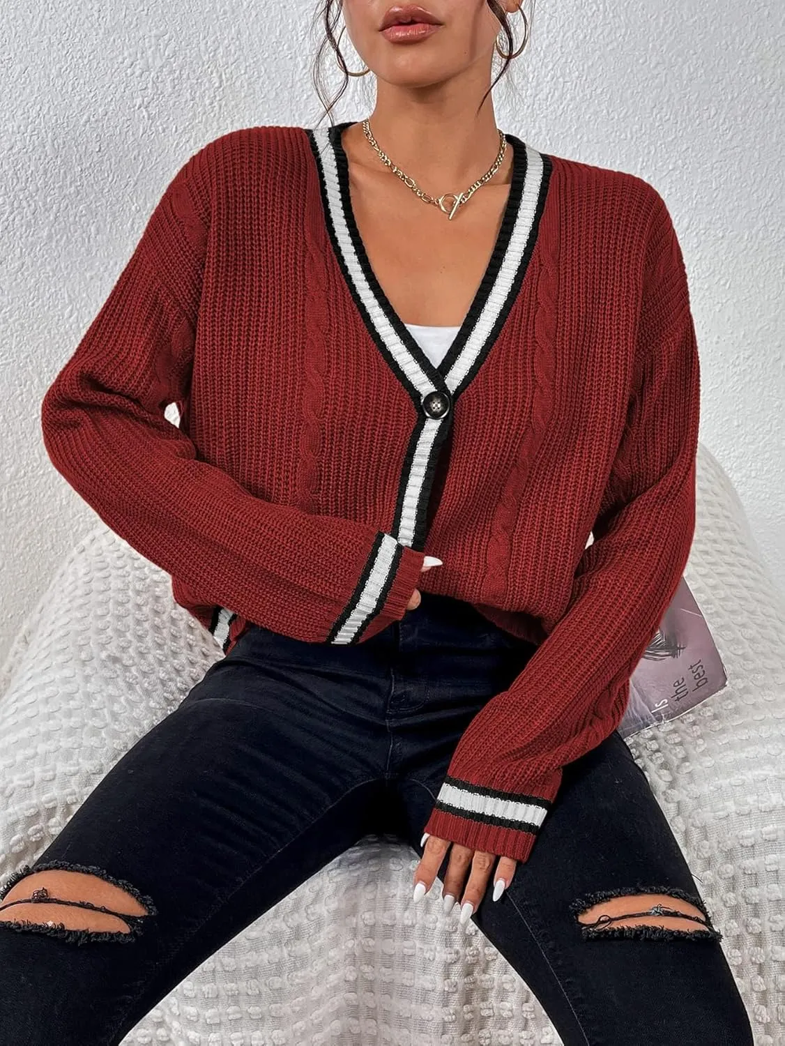 Womens Open Front Cardigan Button Down Striped Sweater Casual Loose Fitting V Neck Knit Coat