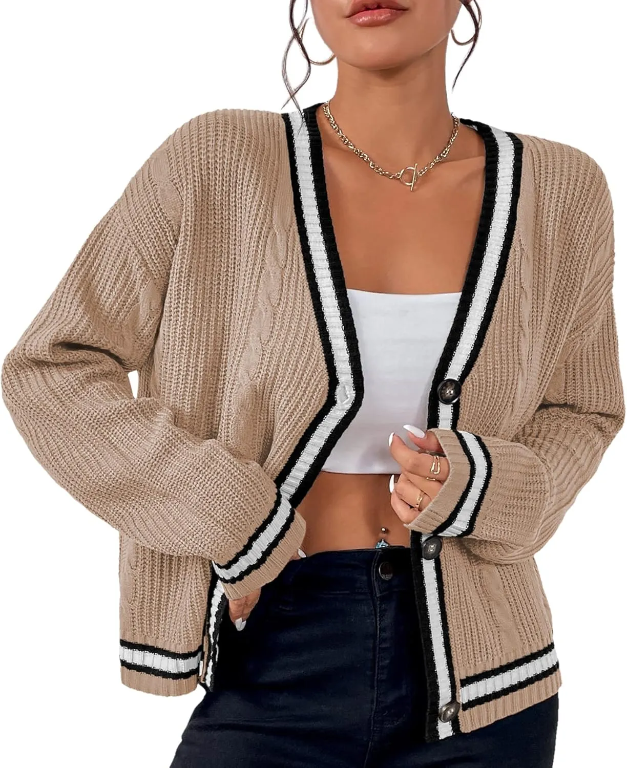 Womens Open Front Cardigan Button Down Striped Sweater Casual Loose Fitting V Neck Knit Coat