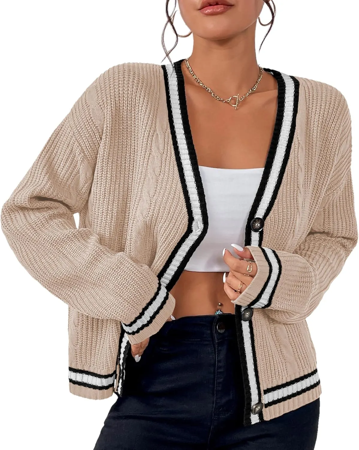 Womens Open Front Cardigan Button Down Striped Sweater Casual Loose Fitting V Neck Knit Coat