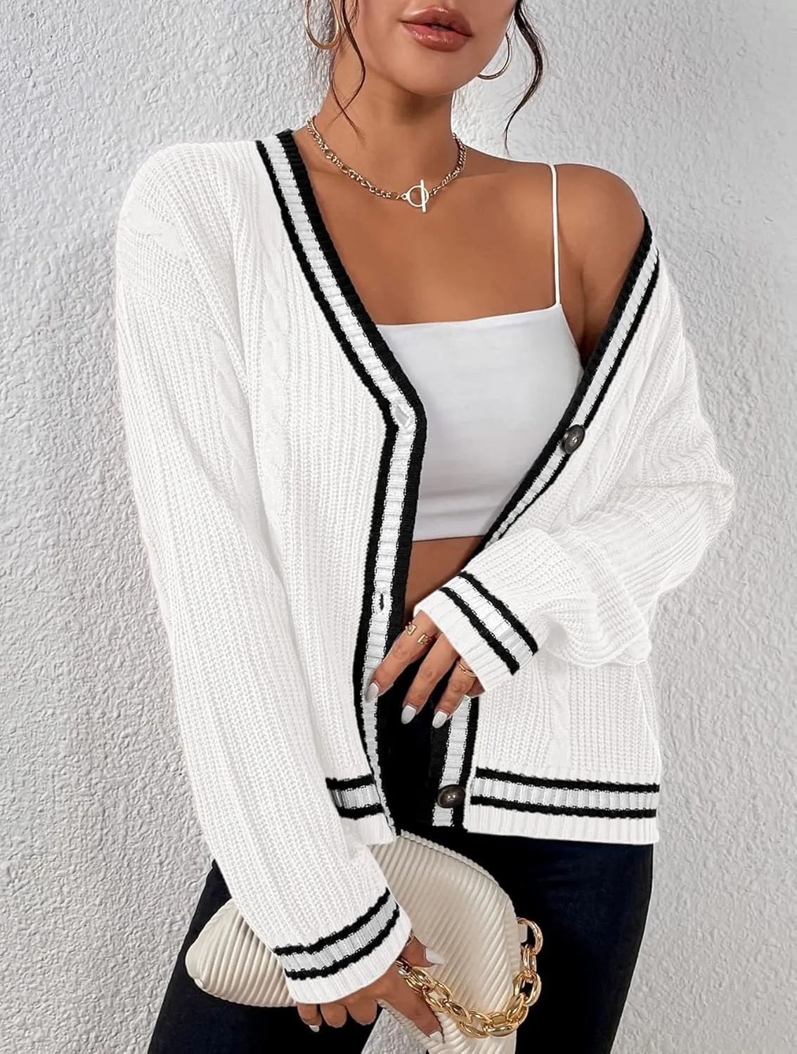 Womens Open Front Cardigan Button Down Striped Sweater Casual Loose Fitting V Neck Knit Coat