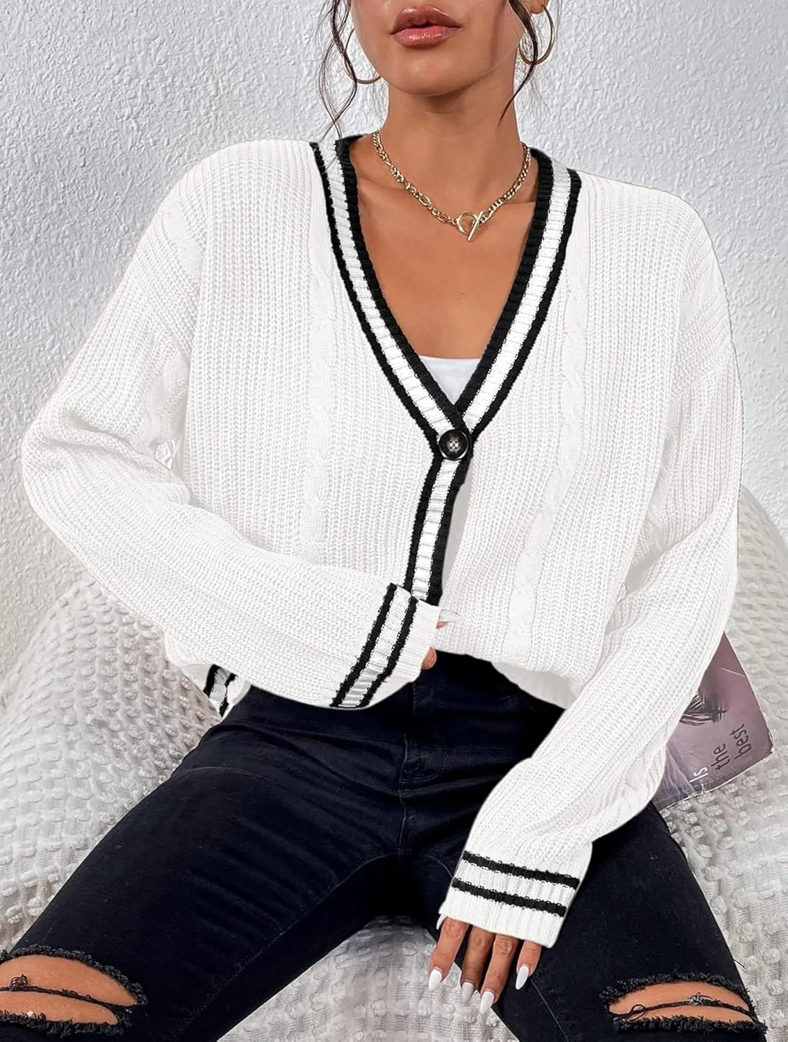 Womens Open Front Cardigan Button Down Striped Sweater Casual Loose Fitting V Neck Knit Coat