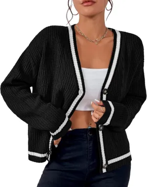 Womens Open Front Cardigan Button Down Striped Sweater Casual Loose Fitting V Neck Knit Coat
