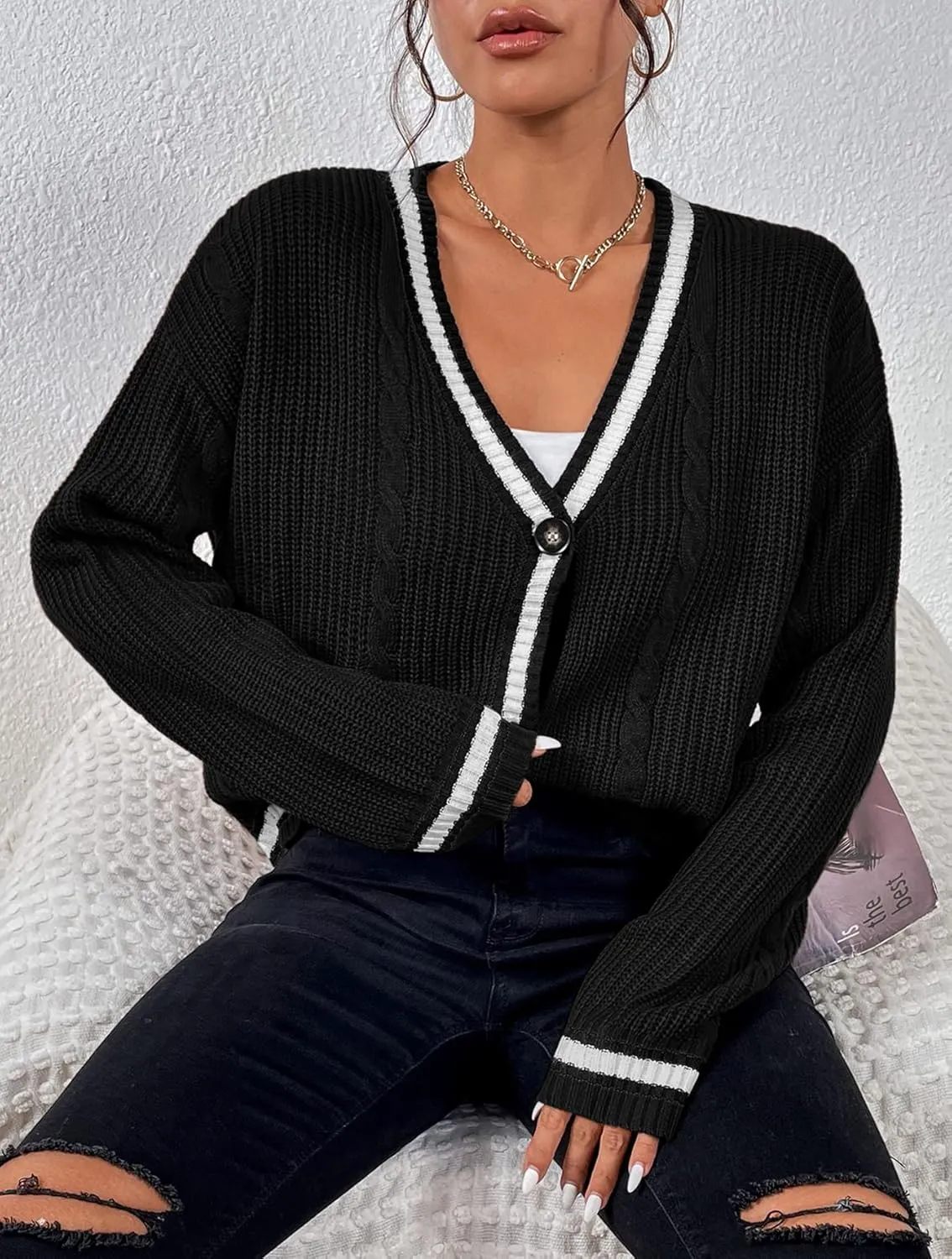 Womens Open Front Cardigan Button Down Striped Sweater Casual Loose Fitting V Neck Knit Coat
