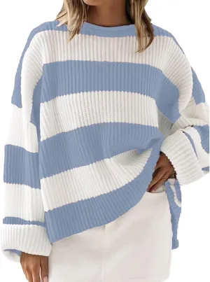 Womens Orange and White Knit Striped Sweater Oversized Long Sleeve Crew Neck Comfy Pullover Sweater Fall Winter Top