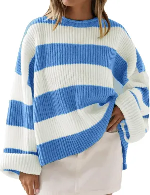 Womens Orange and White Knit Striped Sweater Oversized Long Sleeve Crew Neck Comfy Pullover Sweater Fall Winter Top