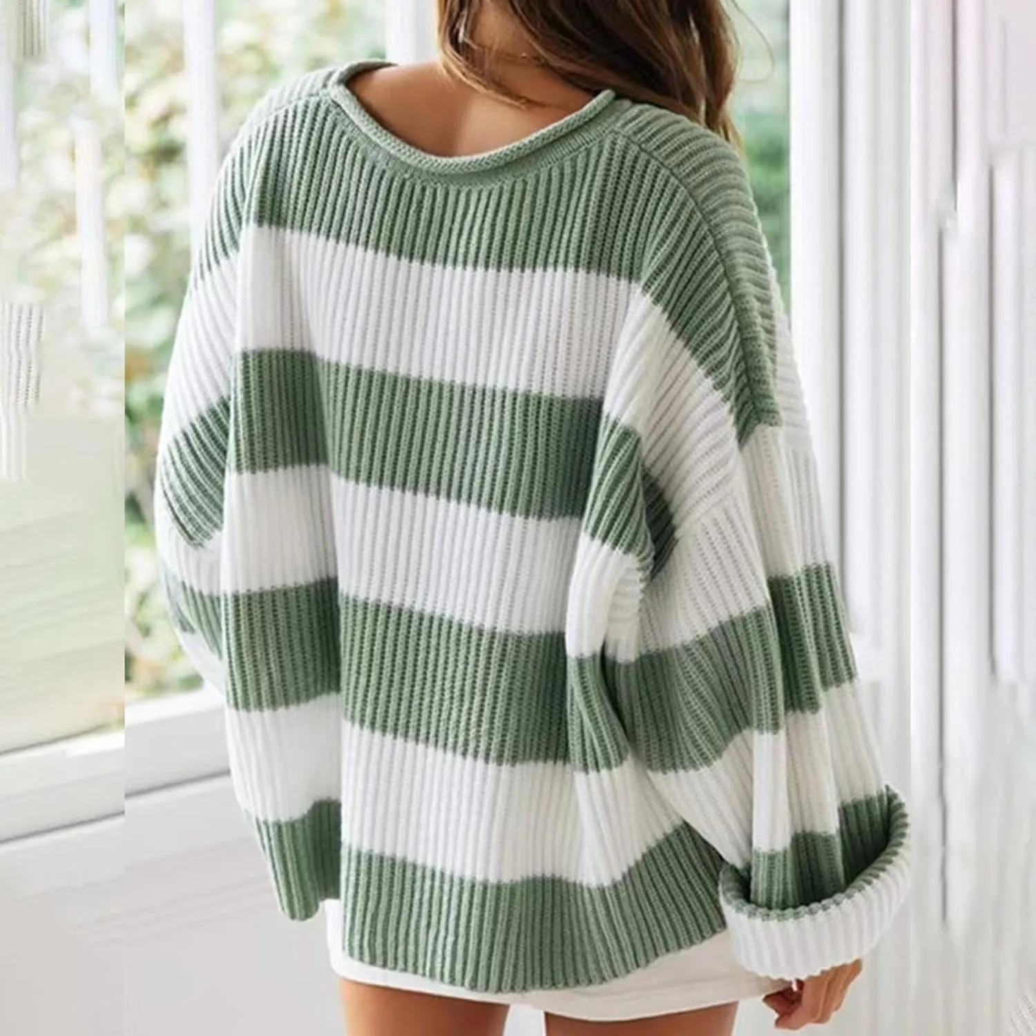 Womens Orange and White Knit Striped Sweater Oversized Long Sleeve Crew Neck Comfy Pullover Sweater Fall Winter Top