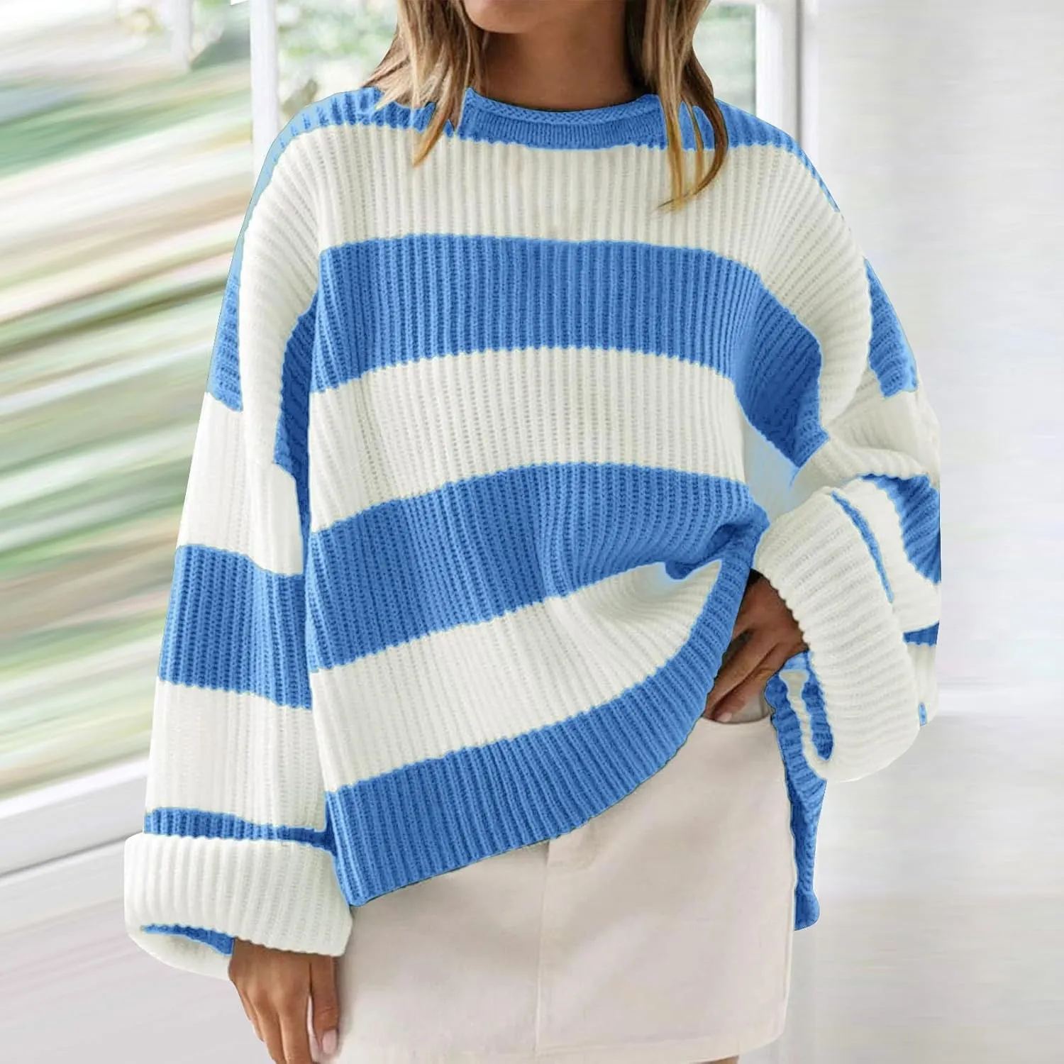 Womens Orange and White Knit Striped Sweater Oversized Long Sleeve Crew Neck Comfy Pullover Sweater Fall Winter Top