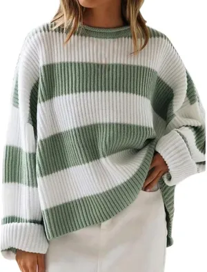 Womens Orange and White Knit Striped Sweater Oversized Long Sleeve Crew Neck Comfy Pullover Sweater Fall Winter Top