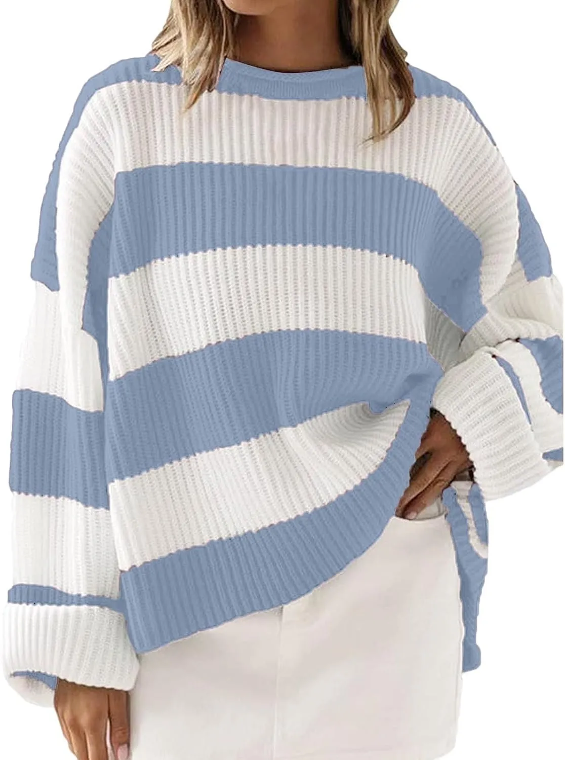 Womens Orange and White Knit Striped Sweater Oversized Long Sleeve Crew Neck Comfy Pullover Sweater Fall Winter Top