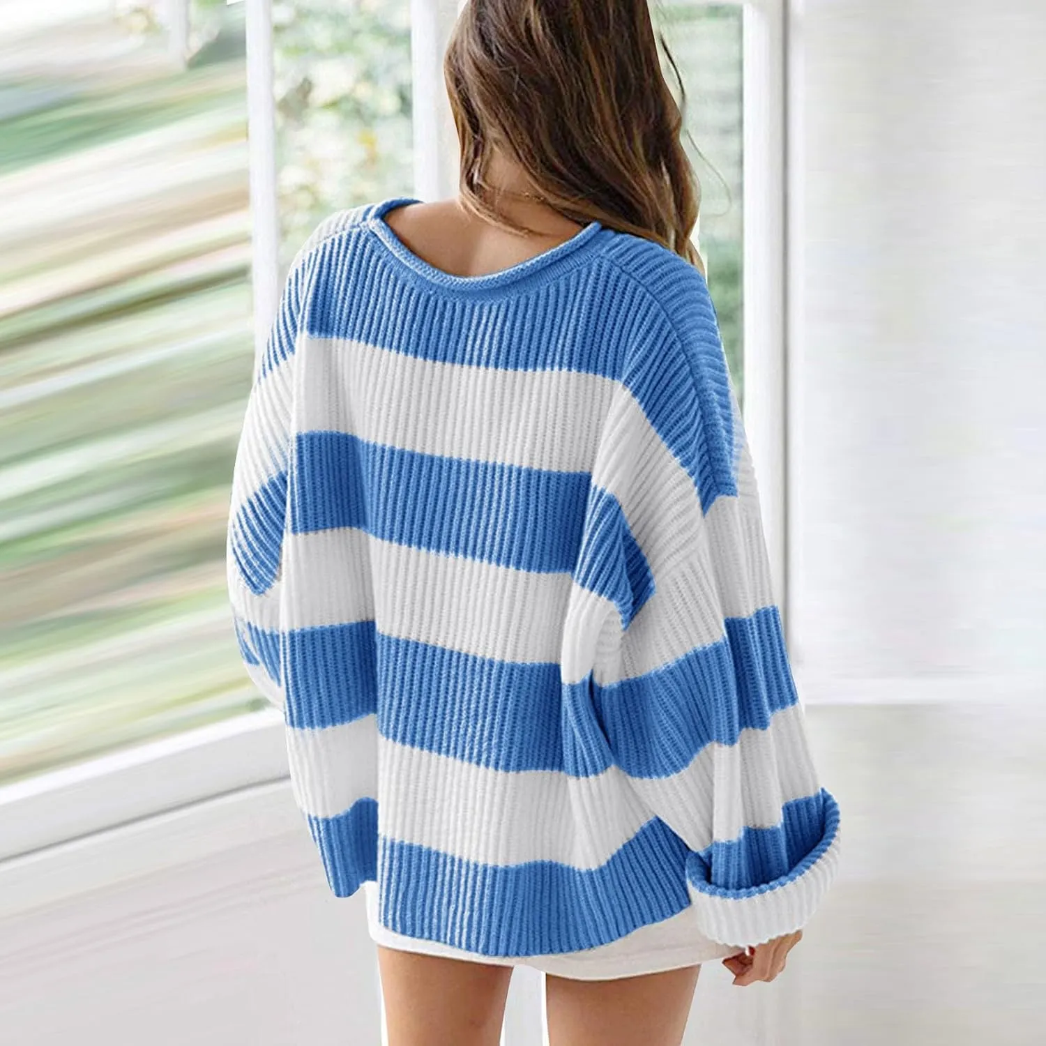 Womens Orange and White Knit Striped Sweater Oversized Long Sleeve Crew Neck Comfy Pullover Sweater Fall Winter Top