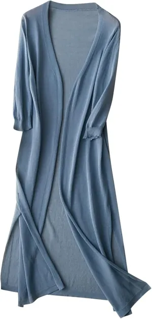 Womens Oversized Medium Length Cardigan Jacket Trendy Linen Ice Cotton Knit Coat Solid Color Athletic Casual Outcoat