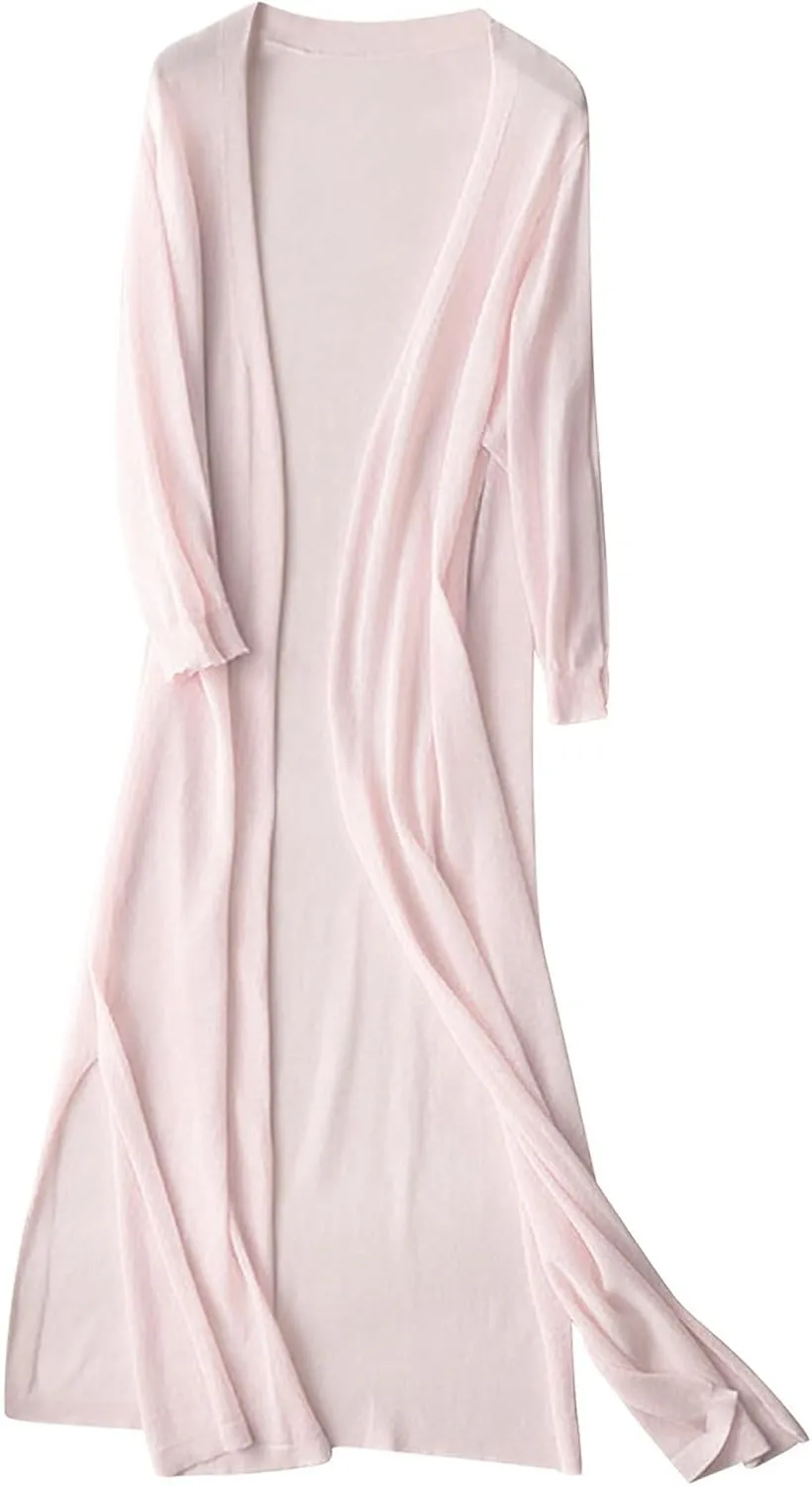 Womens Oversized Medium Length Cardigan Jacket Trendy Linen Ice Cotton Knit Coat Solid Color Athletic Casual Outcoat