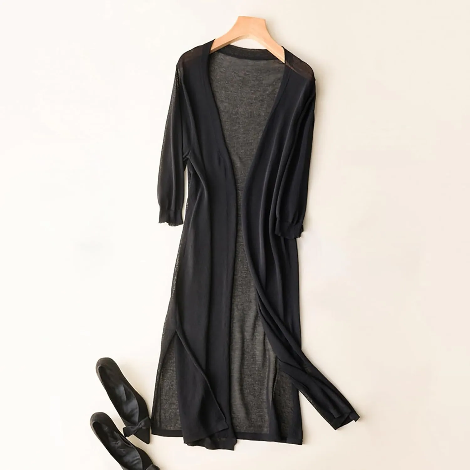 Womens Oversized Medium Length Cardigan Jacket Trendy Linen Ice Cotton Knit Coat Solid Color Athletic Casual Outcoat