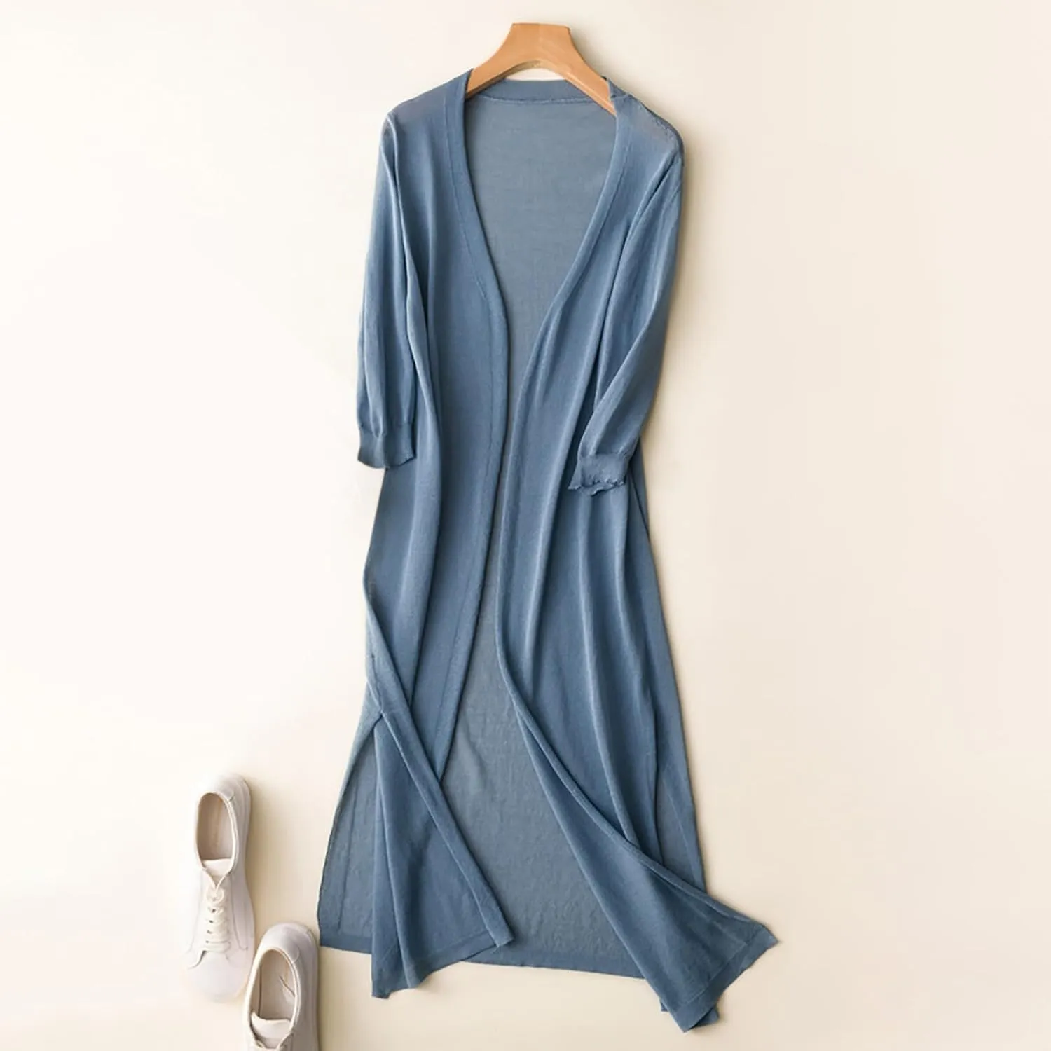 Womens Oversized Medium Length Cardigan Jacket Trendy Linen Ice Cotton Knit Coat Solid Color Athletic Casual Outcoat