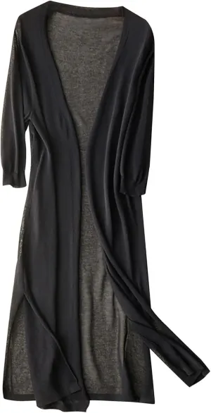 Womens Oversized Medium Length Cardigan Jacket Trendy Linen Ice Cotton Knit Coat Solid Color Athletic Casual Outcoat