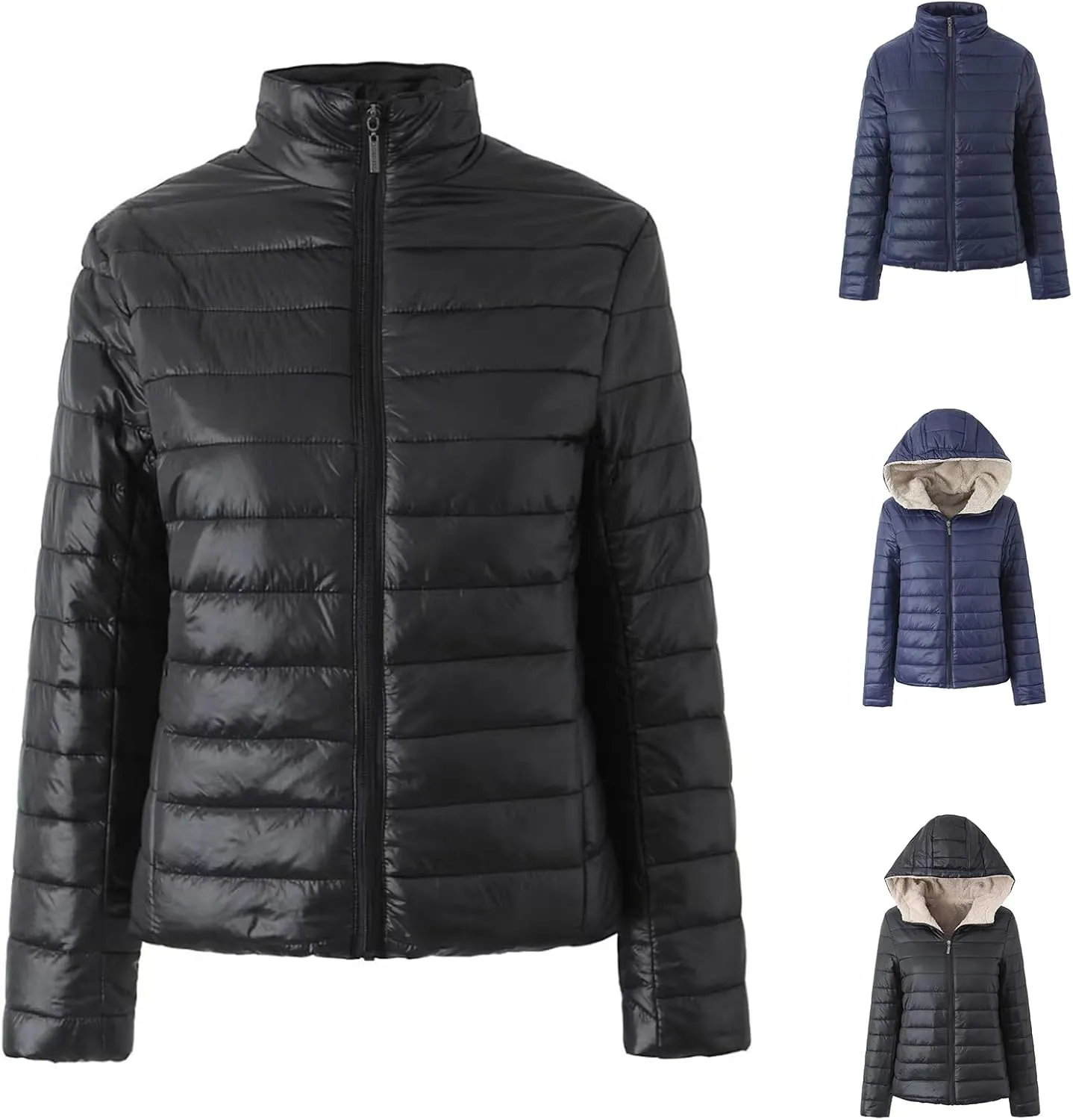 Women's Packable Down Jacket Zip Up Stand Collared Puffer Jacket Casual Long Sleeve Lightweight Warm Coat with Pockets