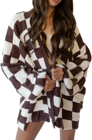 Womens Plaid Cardigan Sweater Vintage Open Front Cable Knit Loose Coat Checkered Colored Block Sweaters Outwear