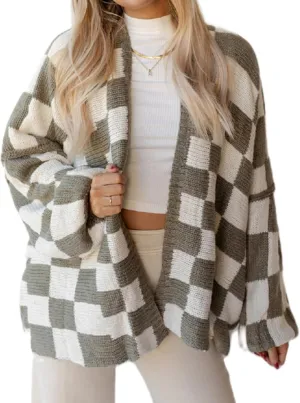 Womens Plaid Cardigan Sweater Vintage Open Front Cable Knit Loose Coat Checkered Colored Block Sweaters Outwear