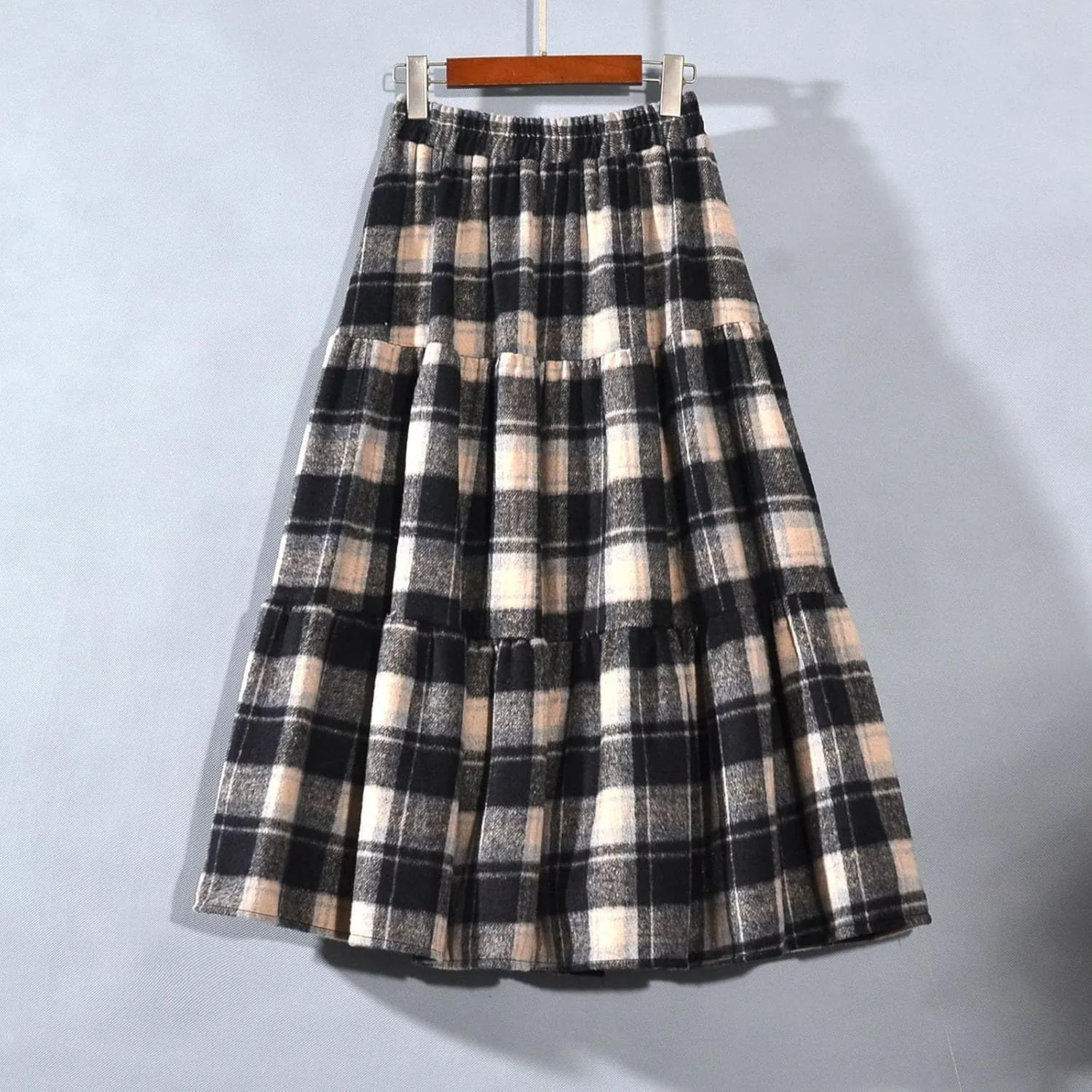 Women's Plaid Woolen A-Line Skirts Elastic High Waist Tiered Ruffle Midi Skirts Vintage Casual Pleated Swing Skirt