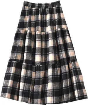 Women's Plaid Woolen A-Line Skirts Elastic High Waist Tiered Ruffle Midi Skirts Vintage Casual Pleated Swing Skirt