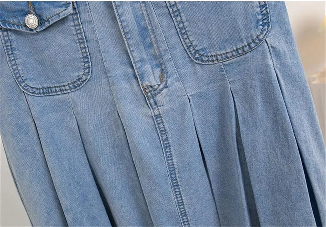 Women's Plus Size Denim A Line Skirt 2025 Summer Pockets Pleated Mini Jean Skirt with Lining