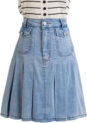 Women's Plus Size Denim A Line Skirt 2025 Summer Pockets Pleated Mini Jean Skirt with Lining