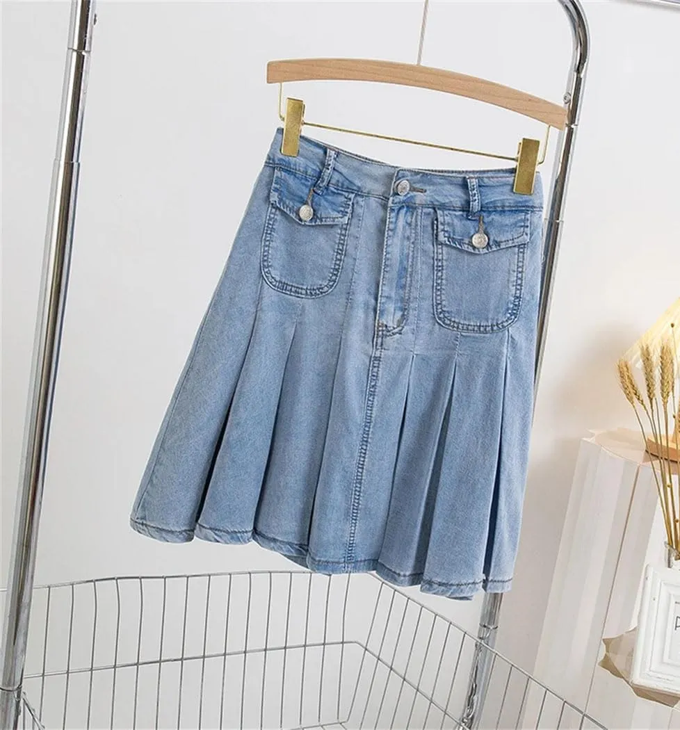 Women's Plus Size Denim A Line Skirt 2025 Summer Pockets Pleated Mini Jean Skirt with Lining