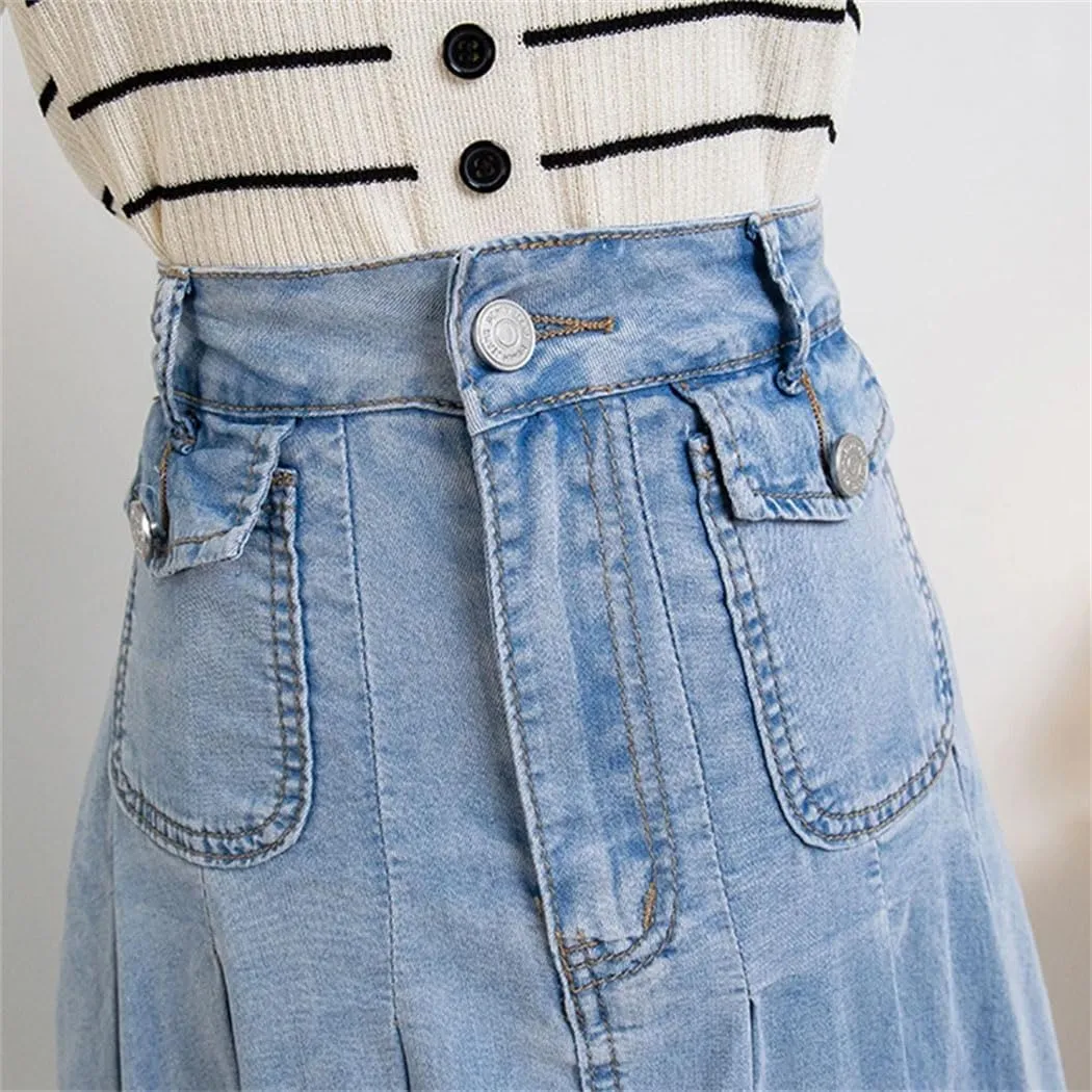 Women's Plus Size Denim A Line Skirt 2025 Summer Pockets Pleated Mini Jean Skirt with Lining