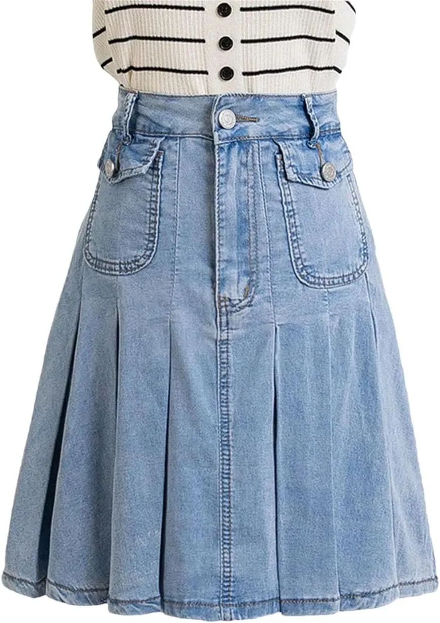 Women's Plus Size Denim A Line Skirt 2025 Summer Pockets Pleated Mini Jean Skirt with Lining