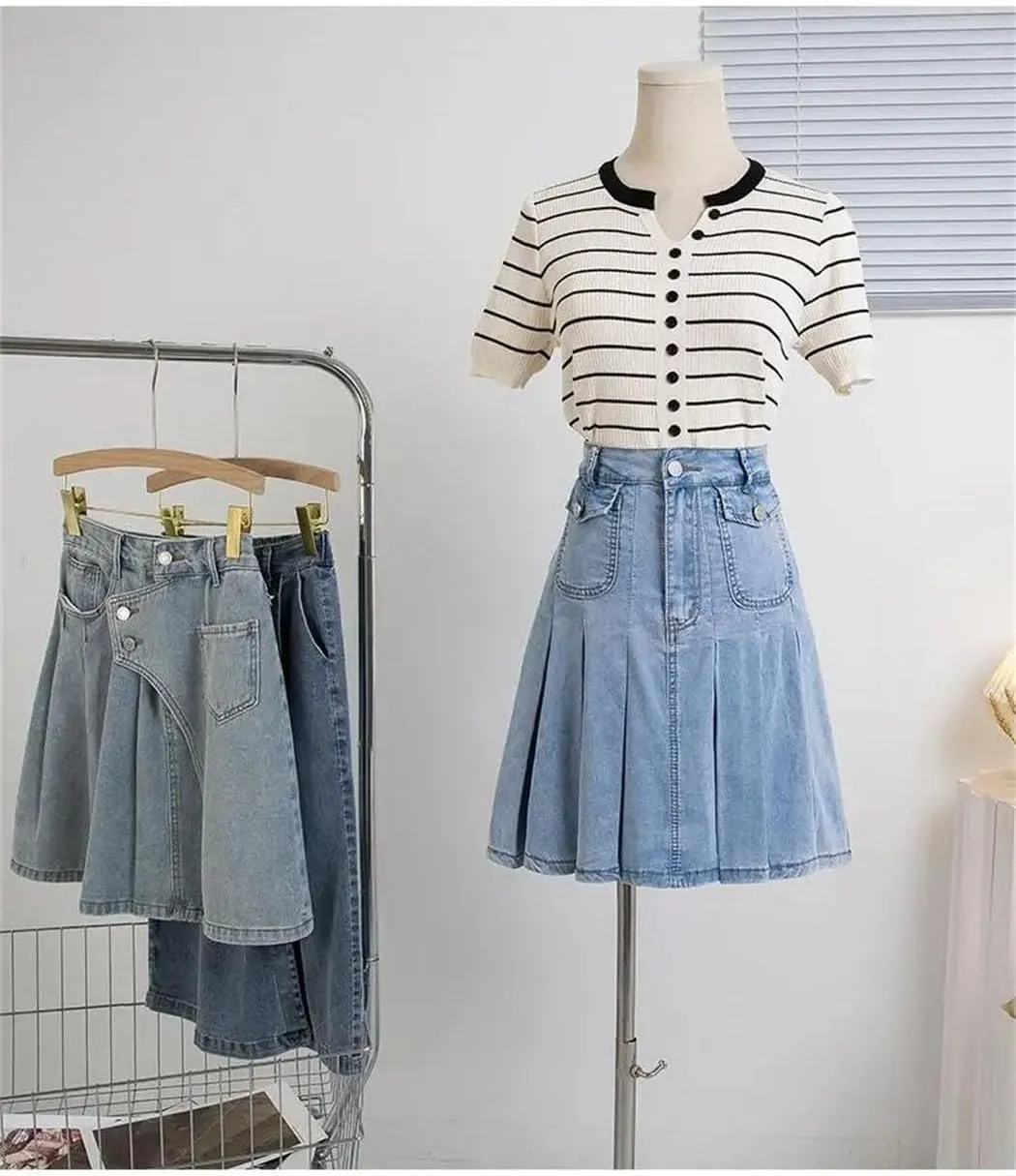 Women's Plus Size Denim A Line Skirt 2025 Summer Pockets Pleated Mini Jean Skirt with Lining
