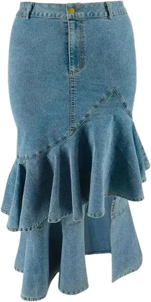 Women's Plus Size Distressed Denim A-Line Skirt Mid-Calf Length Regular Fit Casual Brief Skirt