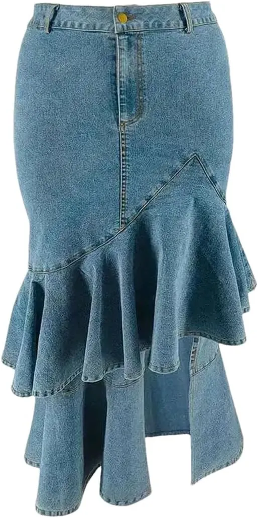 Women's Plus Size Distressed Denim A-Line Skirt Mid-Calf Length Regular Fit Casual Brief Skirt
