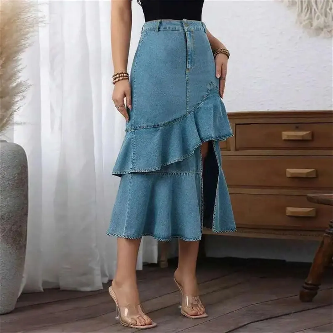 Women's Plus Size Distressed Denim A-Line Skirt Mid-Calf Length Regular Fit Casual Brief Skirt