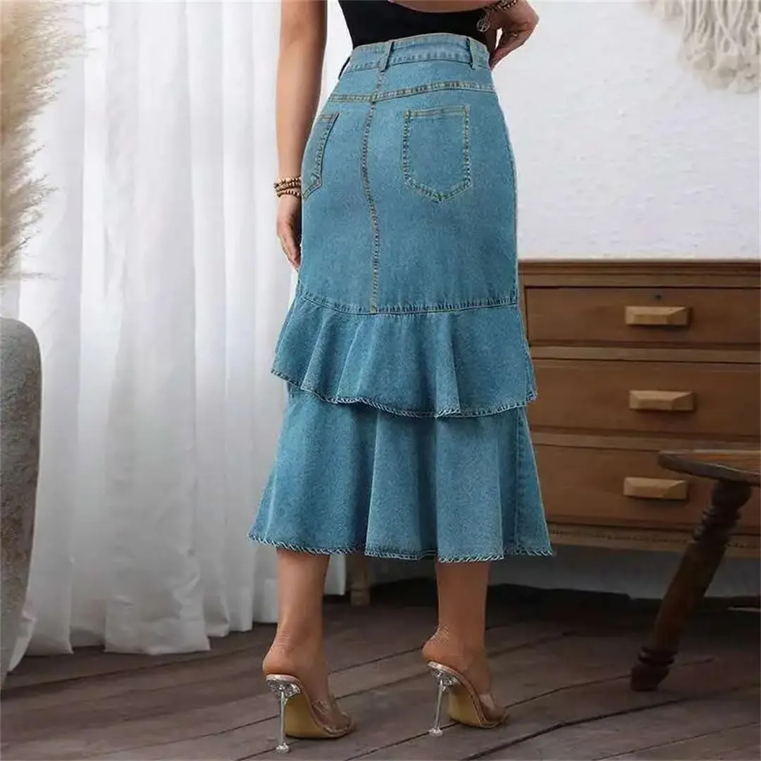 Women's Plus Size Distressed Denim A-Line Skirt Mid-Calf Length Regular Fit Casual Brief Skirt
