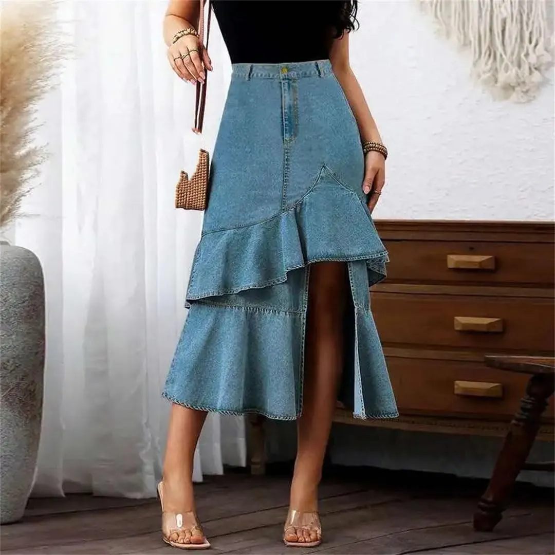 Women's Plus Size Distressed Denim A-Line Skirt Mid-Calf Length Regular Fit Casual Brief Skirt