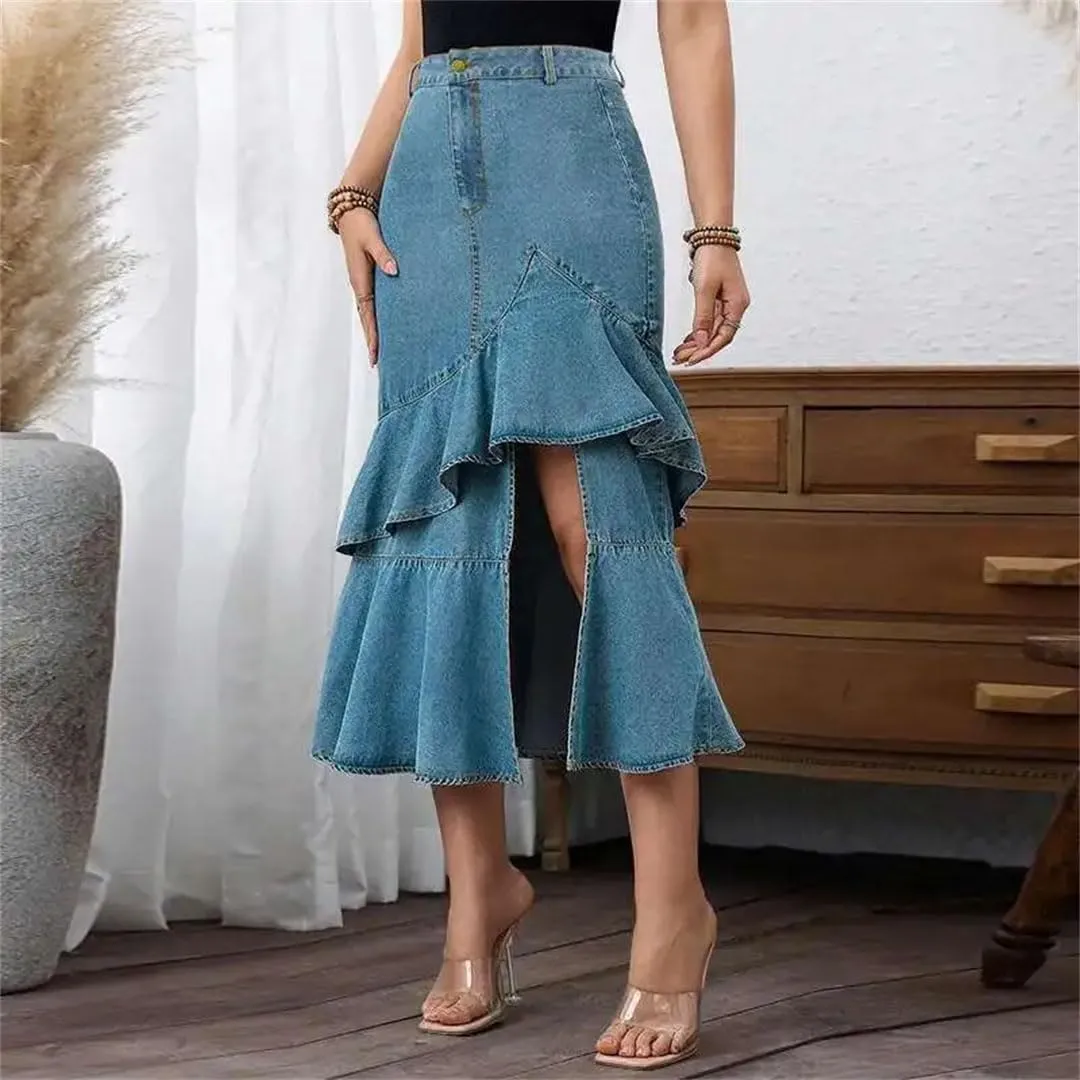 Women's Plus Size Distressed Denim A-Line Skirt Mid-Calf Length Regular Fit Casual Brief Skirt