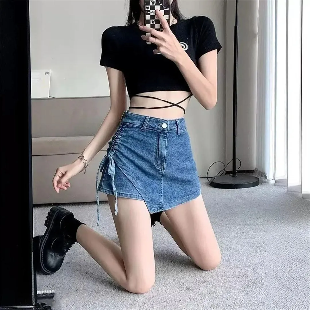 Women's Plus Size High Waist Denim A-Line Skirt Belted Mini Preppy Style Summer Casual Skirt