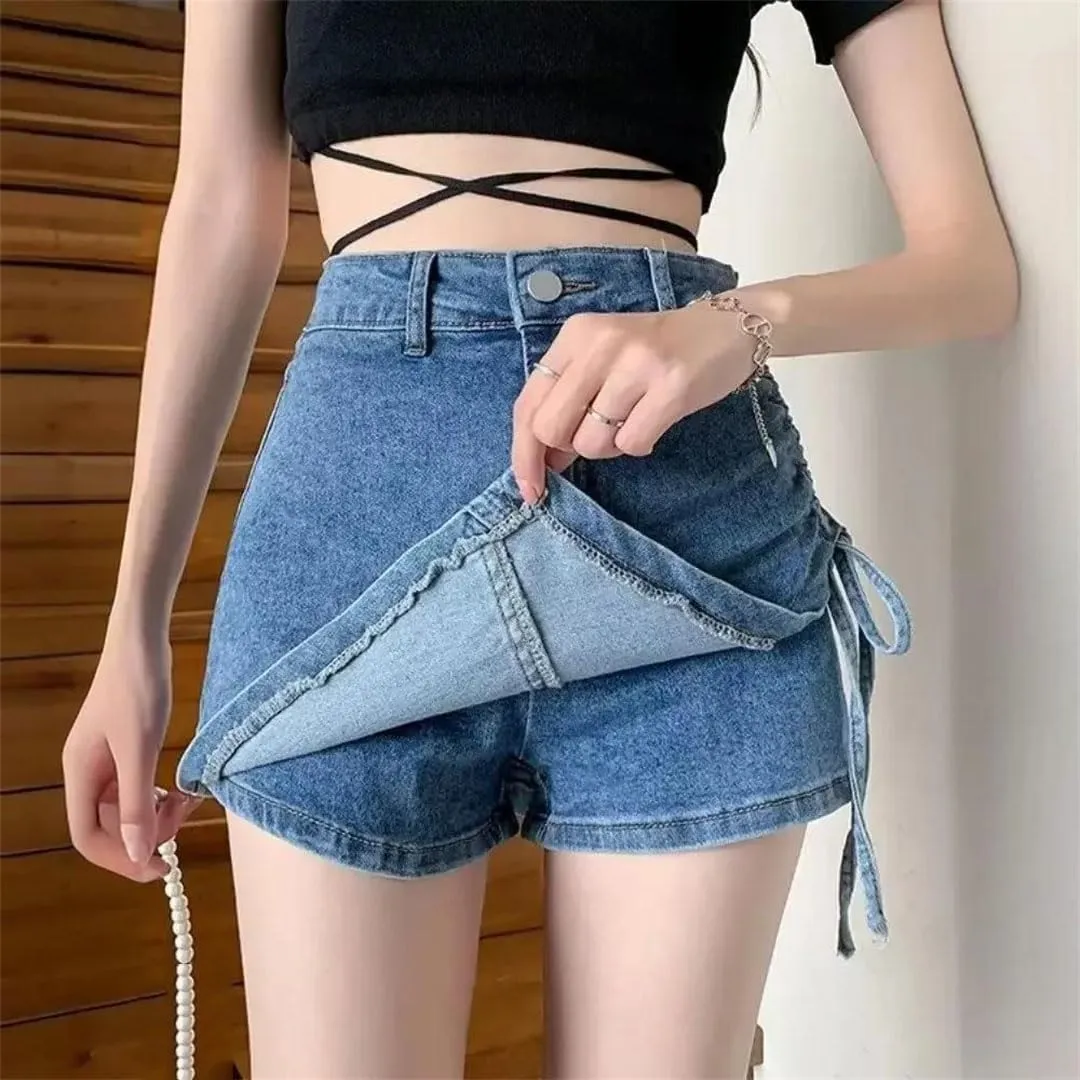 Women's Plus Size High Waist Denim A-Line Skirt Belted Mini Preppy Style Summer Casual Skirt