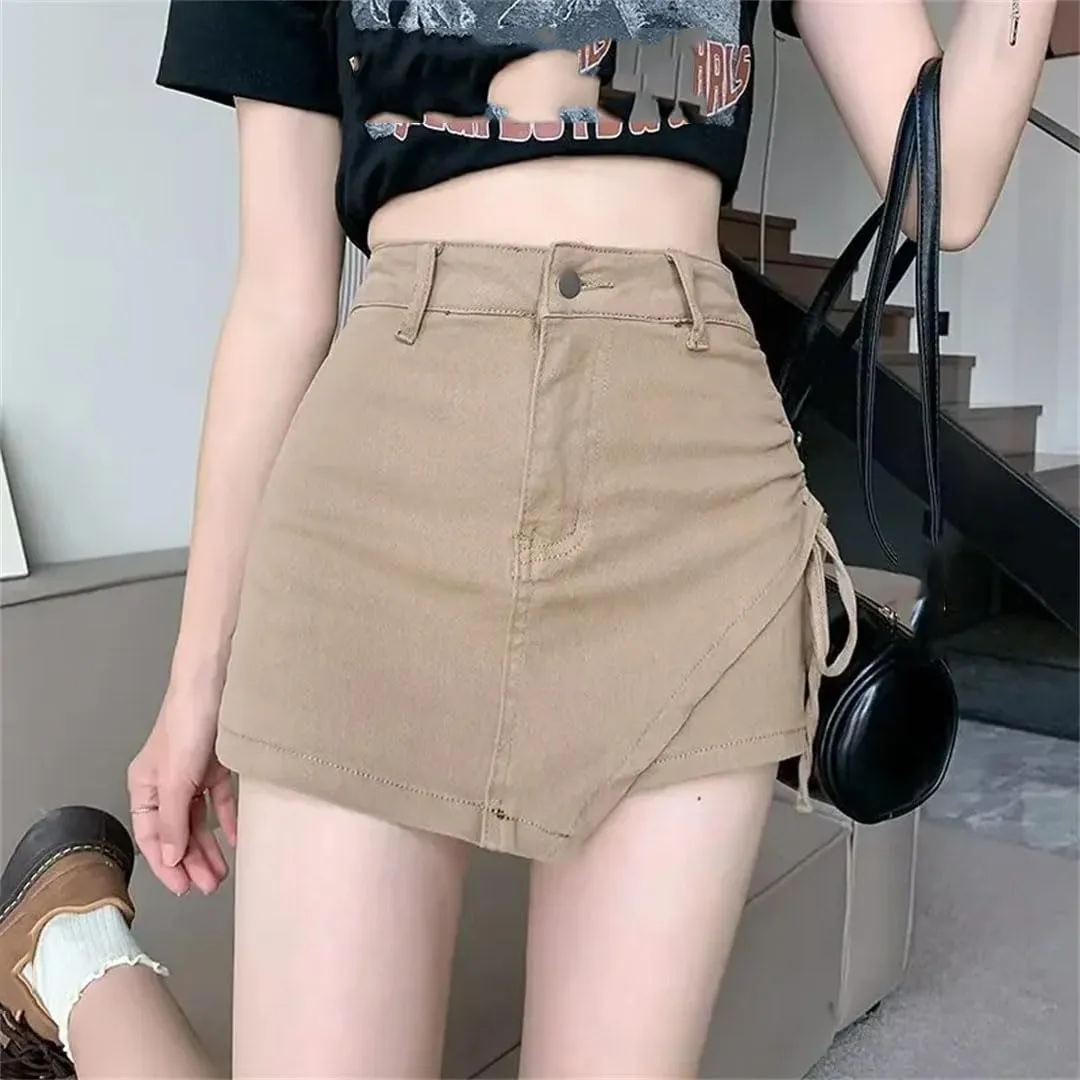 Women's Plus Size High Waist Denim A-Line Skirt Belted Mini Preppy Style Summer Casual Skirt