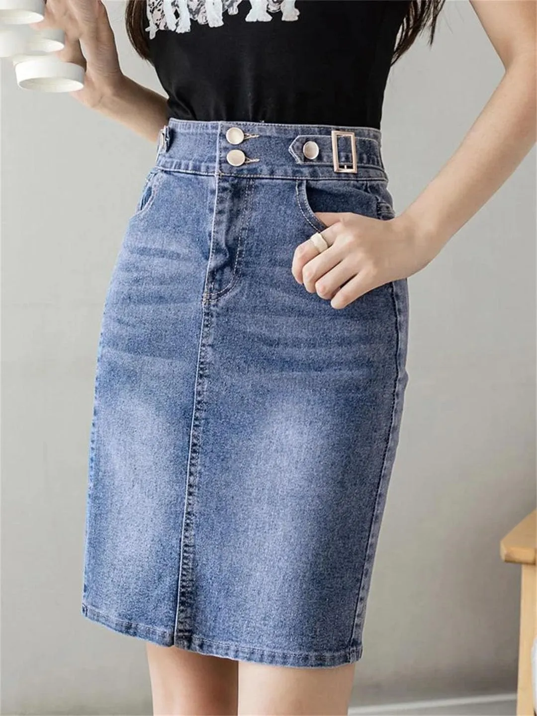 Women's Plus Size High Waist Denim A-Line Skirt Slit Mini Korean Fashion Basics Casual Skirt
