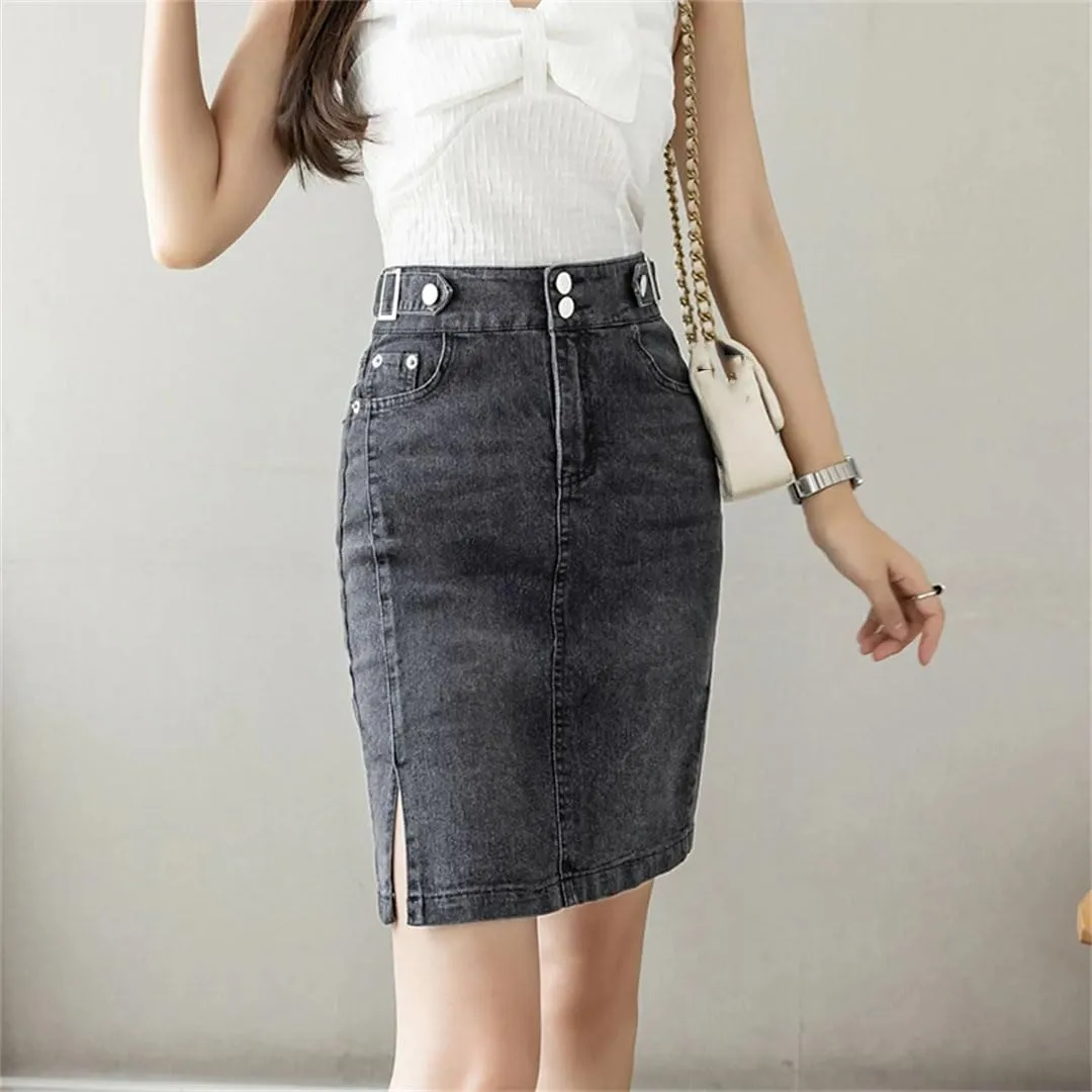 Women's Plus Size High Waist Denim A-Line Skirt Slit Mini Korean Fashion Basics Casual Skirt