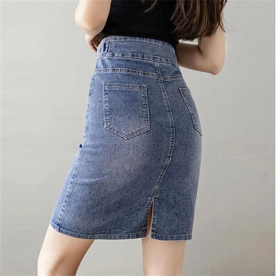 Women's Plus Size High Waist Denim A-Line Skirt Slit Mini Korean Fashion Basics Casual Skirt