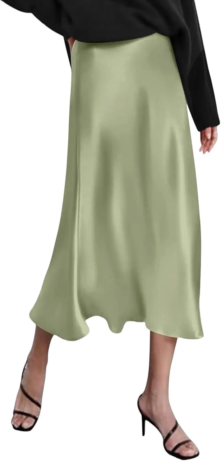 Womens Satin High Waist Skirt Summer Silk Elegant A Line Long Skirts 2025 Sexy Cocktail Party Wedding Midi Skirt