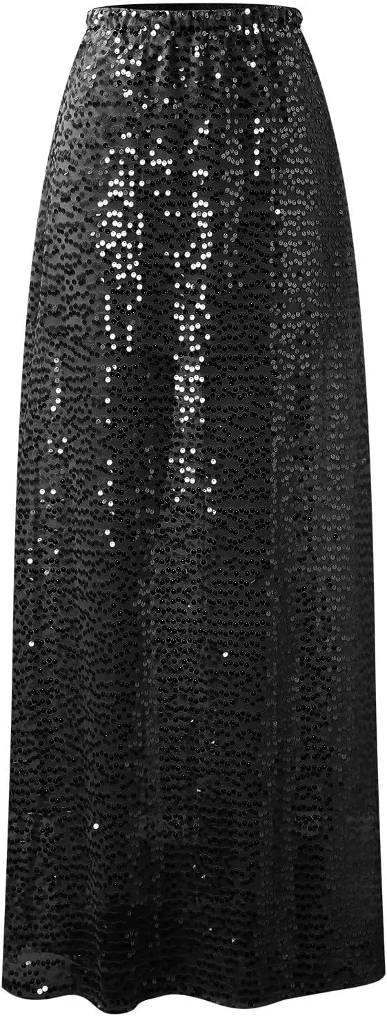 Women's Sequin Maxi Skirts Vintage Elastic High Waist A-Line Skirts Elegant Maxi Cocktail Party Long Skirts