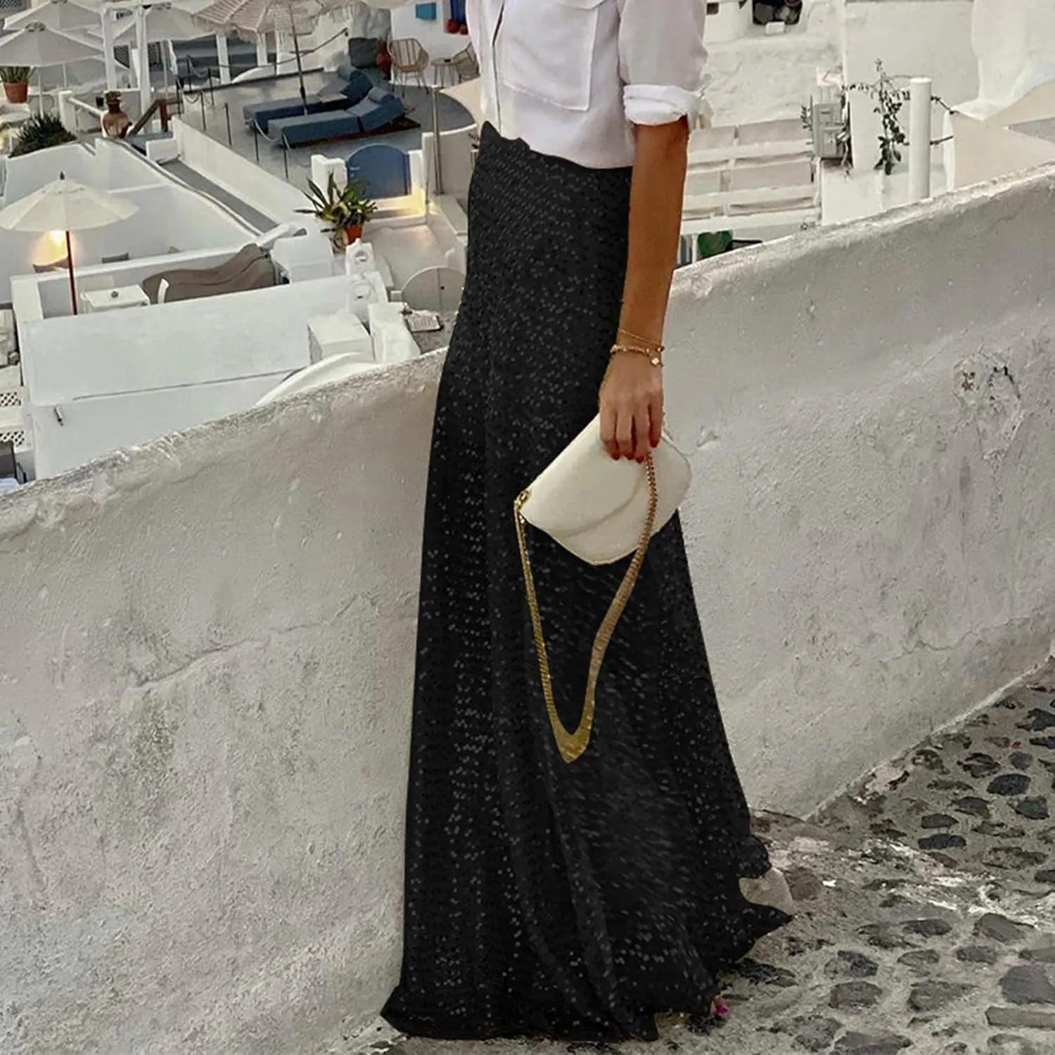 Women's Sequin Maxi Skirts Vintage Elastic High Waist A-Line Skirts Elegant Maxi Cocktail Party Long Skirts
